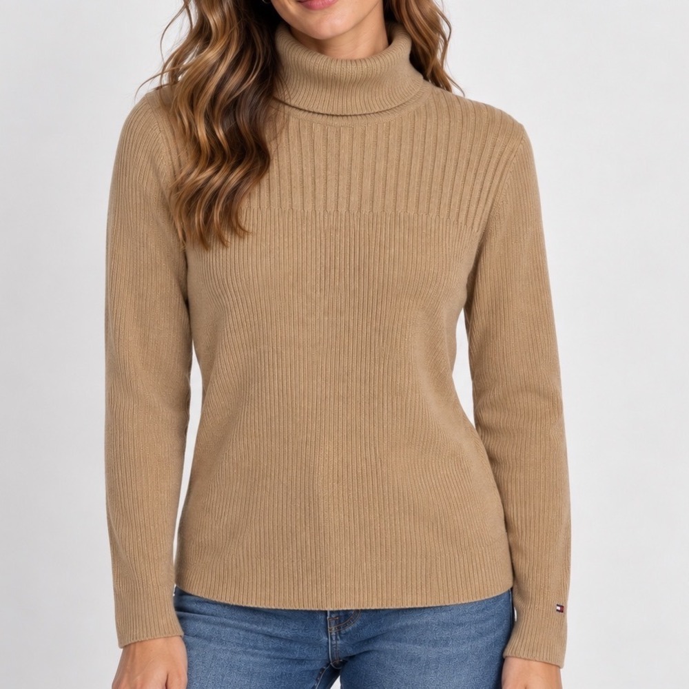 Tommy Hilfiger M/L Tan Ribbed Turtleneck Sweater 100% Cotton Fitted Preppy